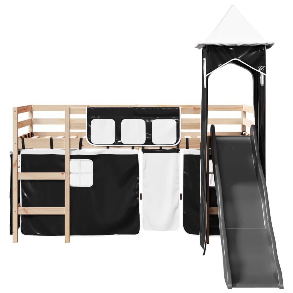 Kids' Loft Bed with Tower White&Black 80x200 cm Solid Wood Pine