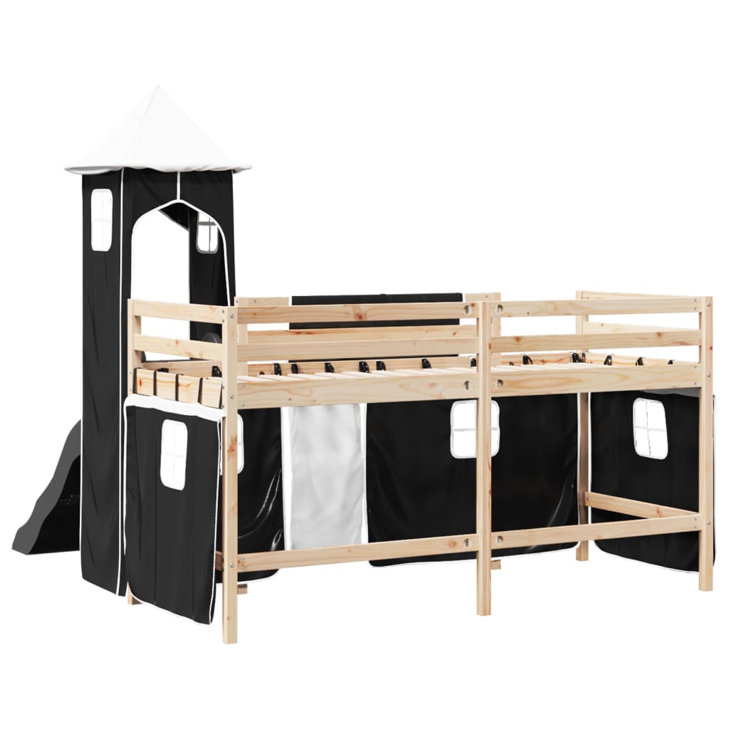 Kids' Loft Bed with Tower White&Black 80x200 cm Solid Wood Pine