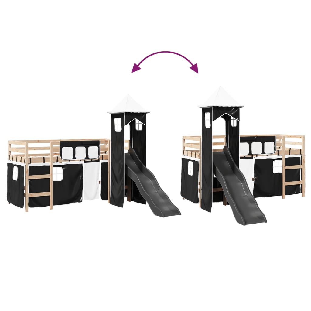 Kids' Loft Bed with Tower White&Black 80x200 cm Solid Wood Pine