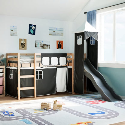 Kids' Loft Bed with Tower White&Black 80x200 cm Solid Wood Pine