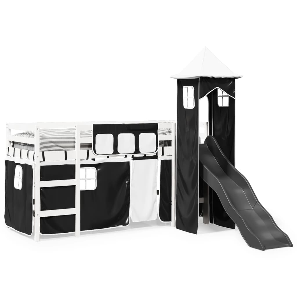 Kids' Loft Bed with Tower White&Black 80x200 cm Solid Wood Pine