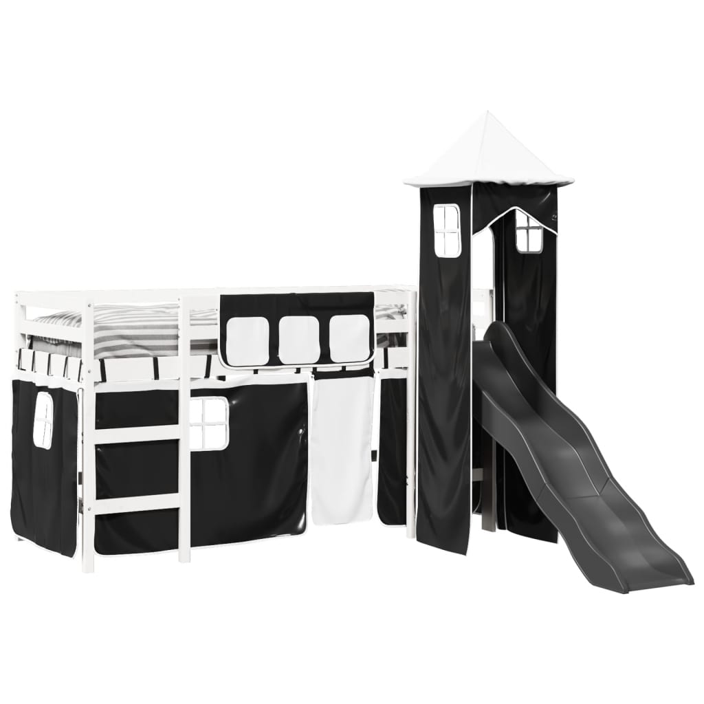 Kids' Loft Bed with Tower White&Black 80x200 cm Solid Wood Pine