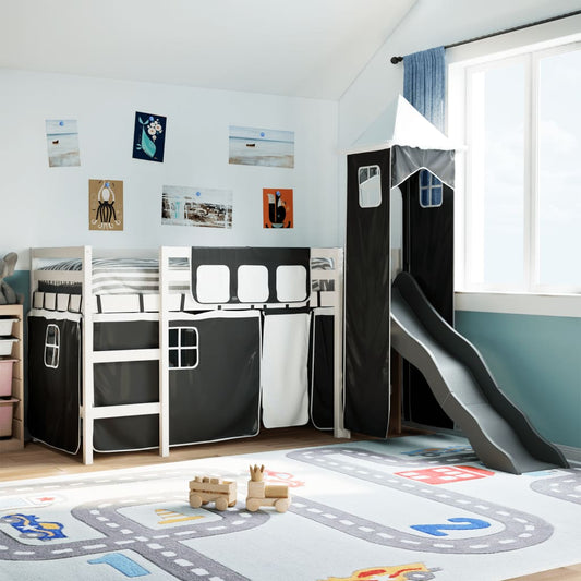 Kids' Loft Bed with Tower White&Black 80x200 cm Solid Wood Pine