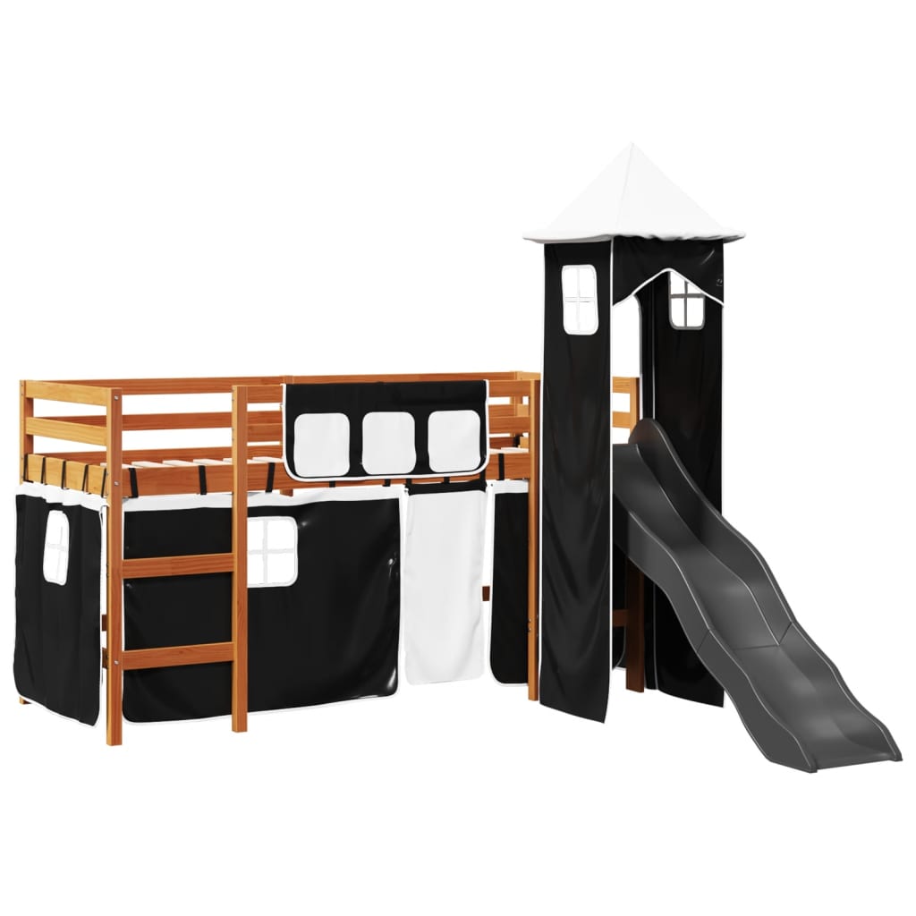 Kids' Loft Bed with Tower White&Black 80x200 cm Solid Wood Pine