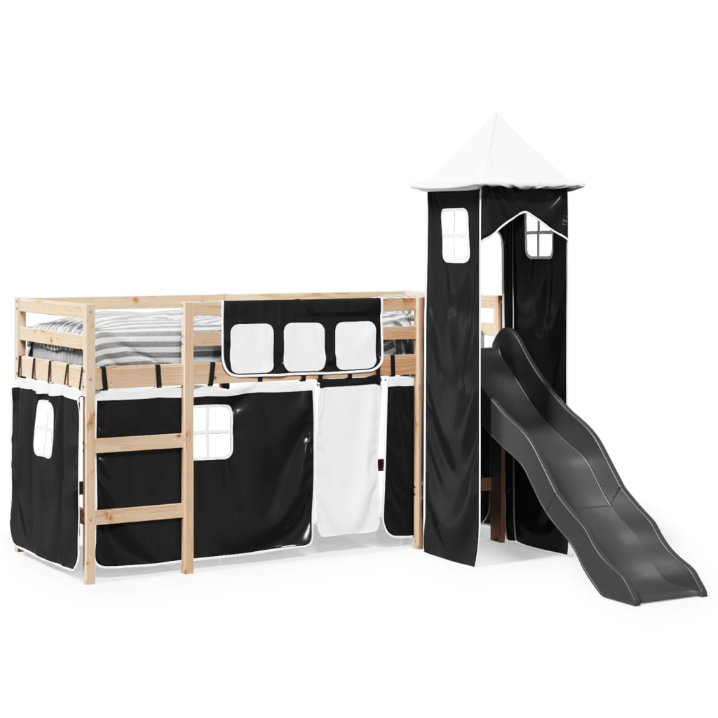 Kids' Loft Bed with Tower White&Black 90x200 cm Solid Wood Pine