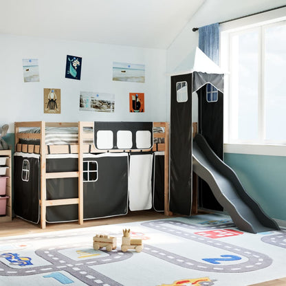 Kids' Loft Bed with Tower White&Black 90x200 cm Solid Wood Pine