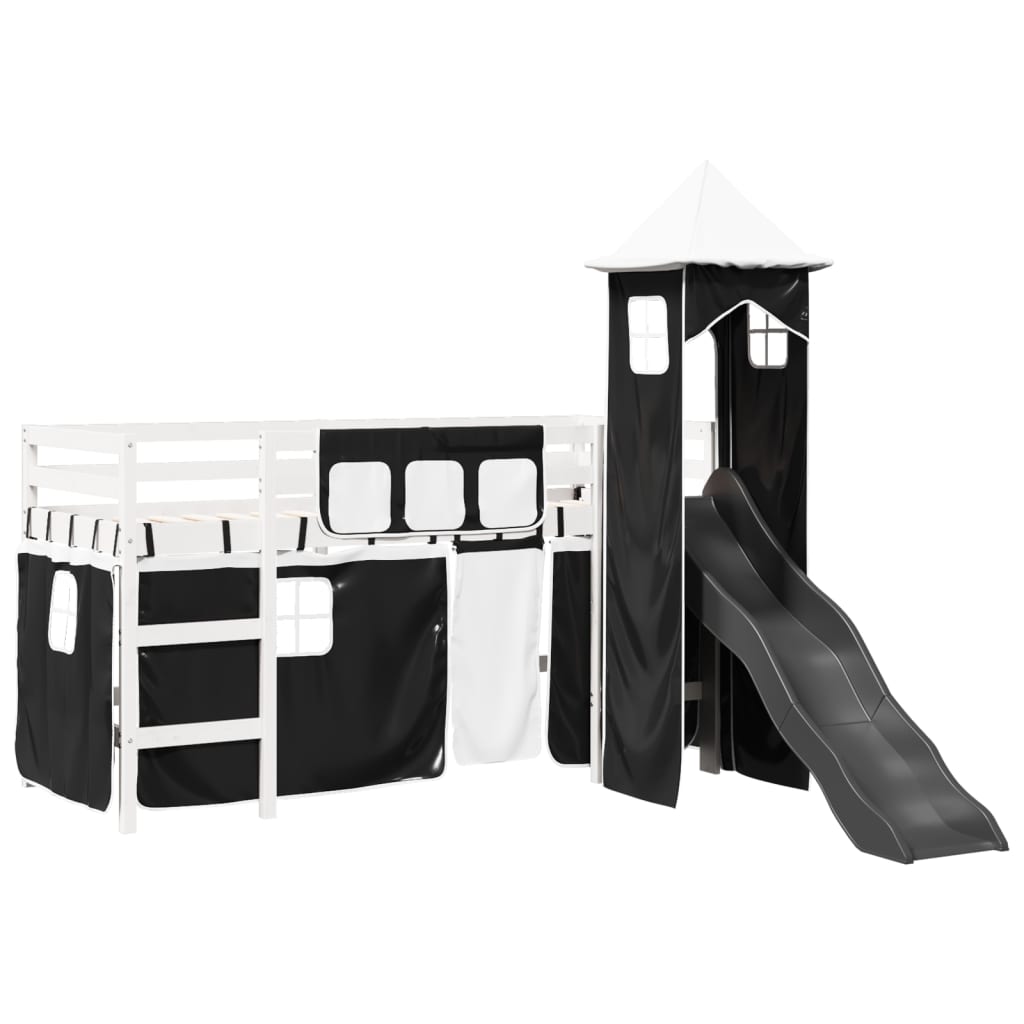 Kids' Loft Bed with Tower White&Black 90x190 cm Solid Wood Pine