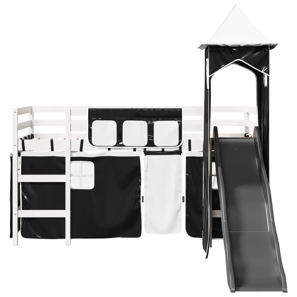 Kids' Loft Bed with Tower White&Black 90x190 cm Solid Wood Pine