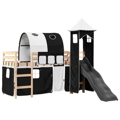 Kids' Loft Bed with Tower White&Black 80x200 cm Solid Wood Pine