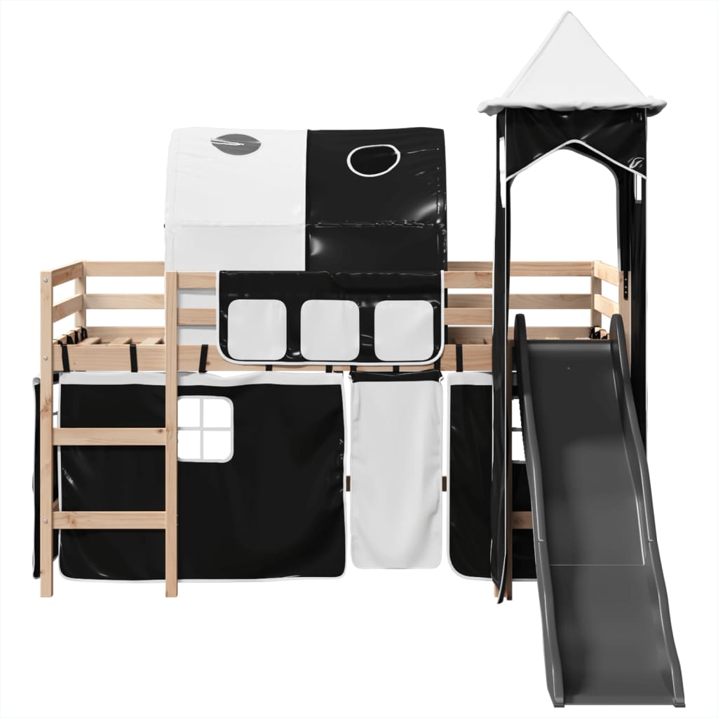 Kids' Loft Bed with Tower White&Black 80x200 cm Solid Wood Pine