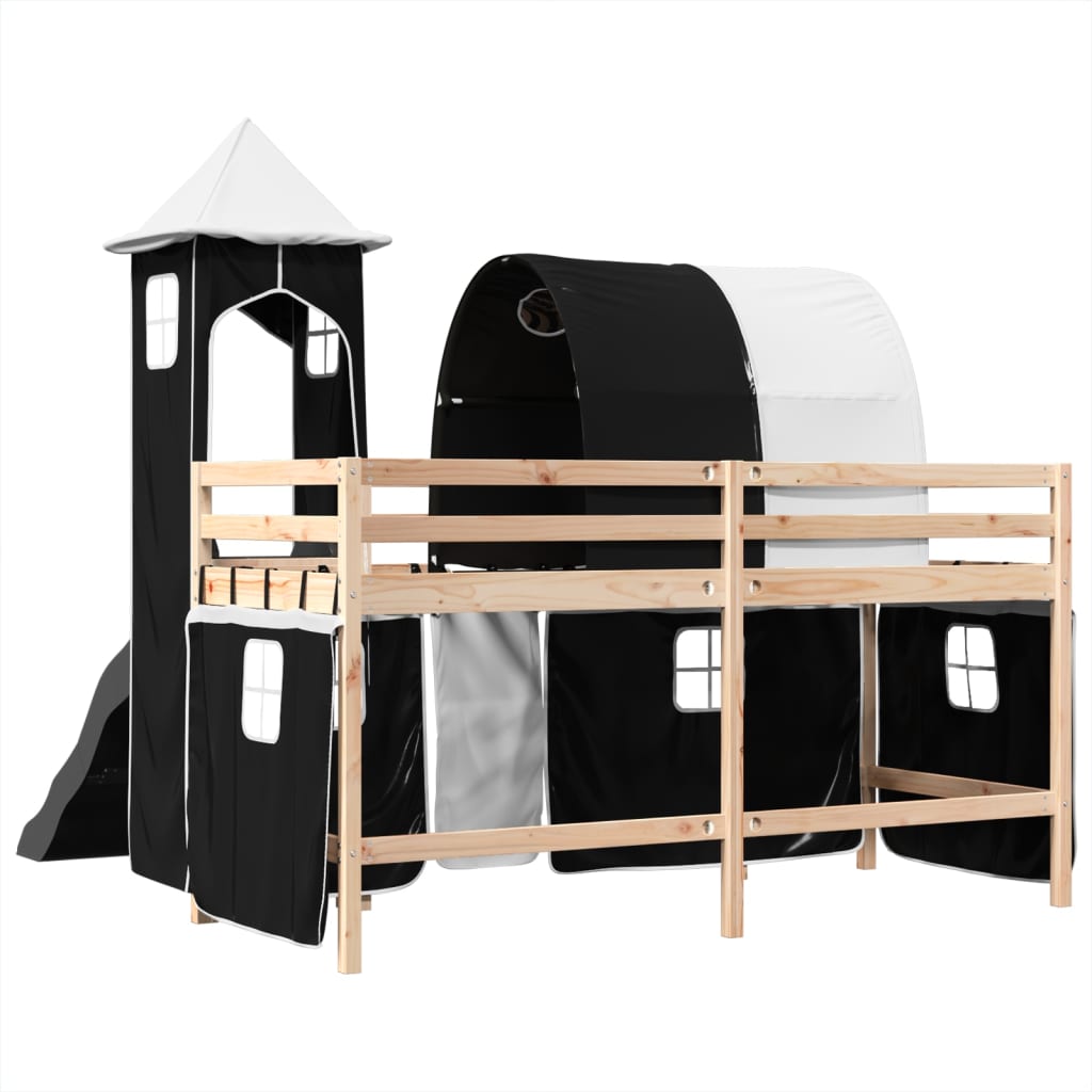 Kids' Loft Bed with Tower White&Black 80x200 cm Solid Wood Pine