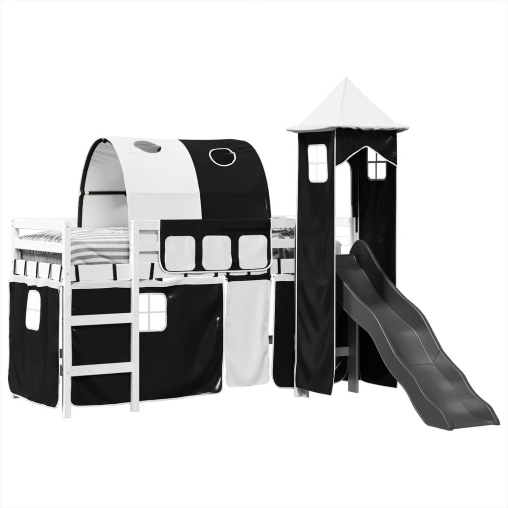 Kids' Loft Bed with Tower White&Black 80x200 cm Solid Wood Pine