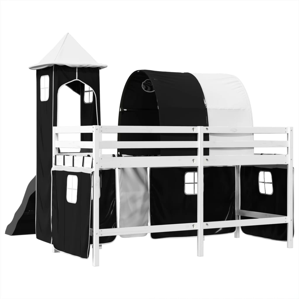 Kids' Loft Bed with Tower White&Black 80x200 cm Solid Wood Pine