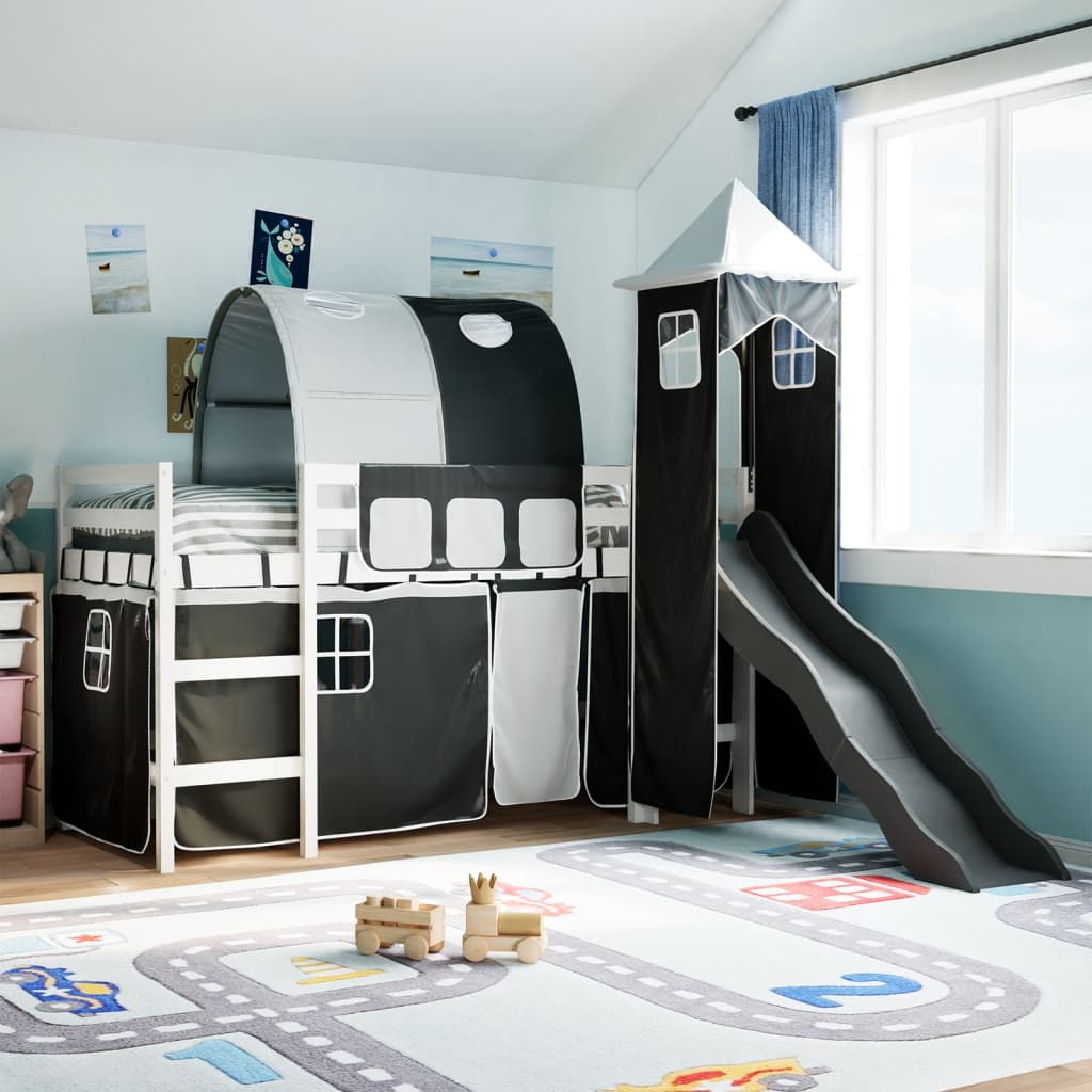 Kids' Loft Bed with Tower White&Black 80x200 cm Solid Wood Pine