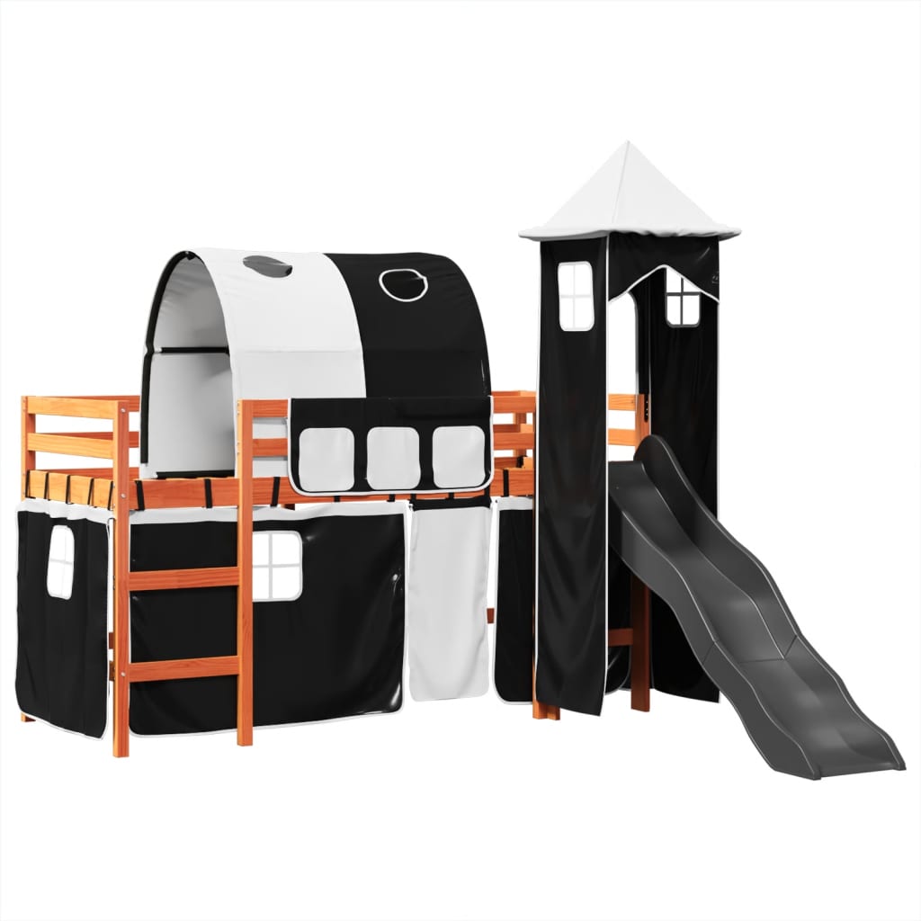 Kids' Loft Bed with Tower White&Black 80x200 cm Solid Wood Pine