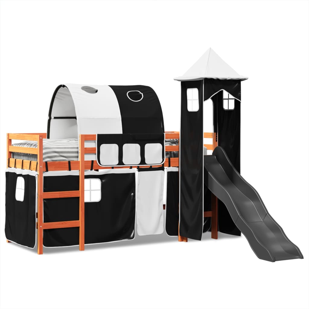 Kids' Loft Bed with Tower White&Black 80x200 cm Solid Wood Pine