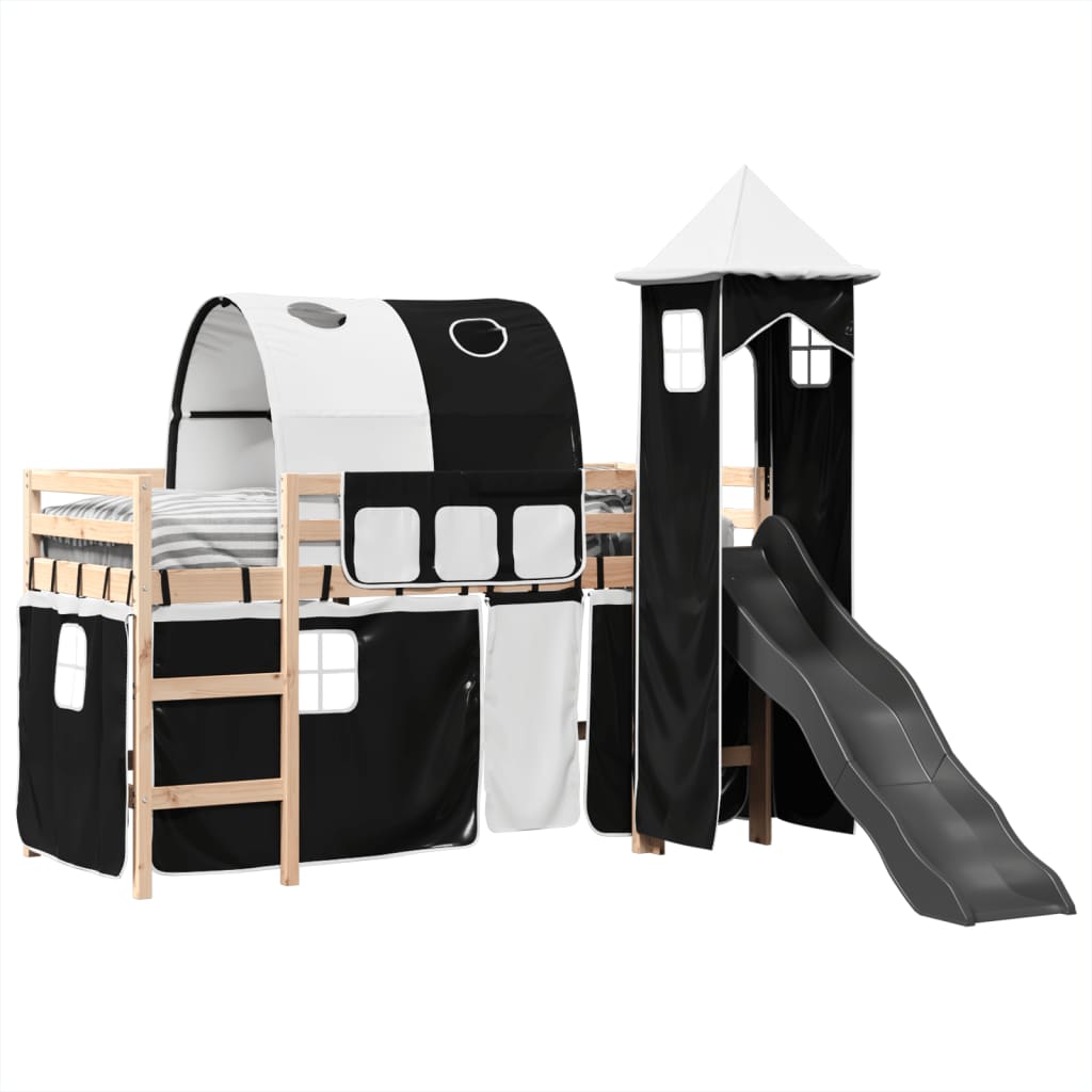 Kids' Loft Bed with Tower White&Black 90x200 cm Solid Wood Pine