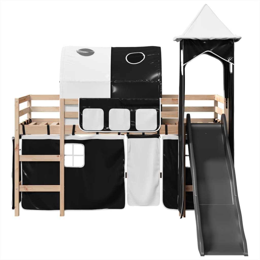 Kids' Loft Bed with Tower White&Black 90x200 cm Solid Wood Pine