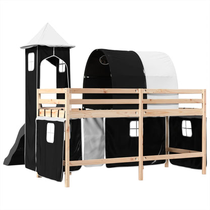 Kids' Loft Bed with Tower White&Black 90x200 cm Solid Wood Pine