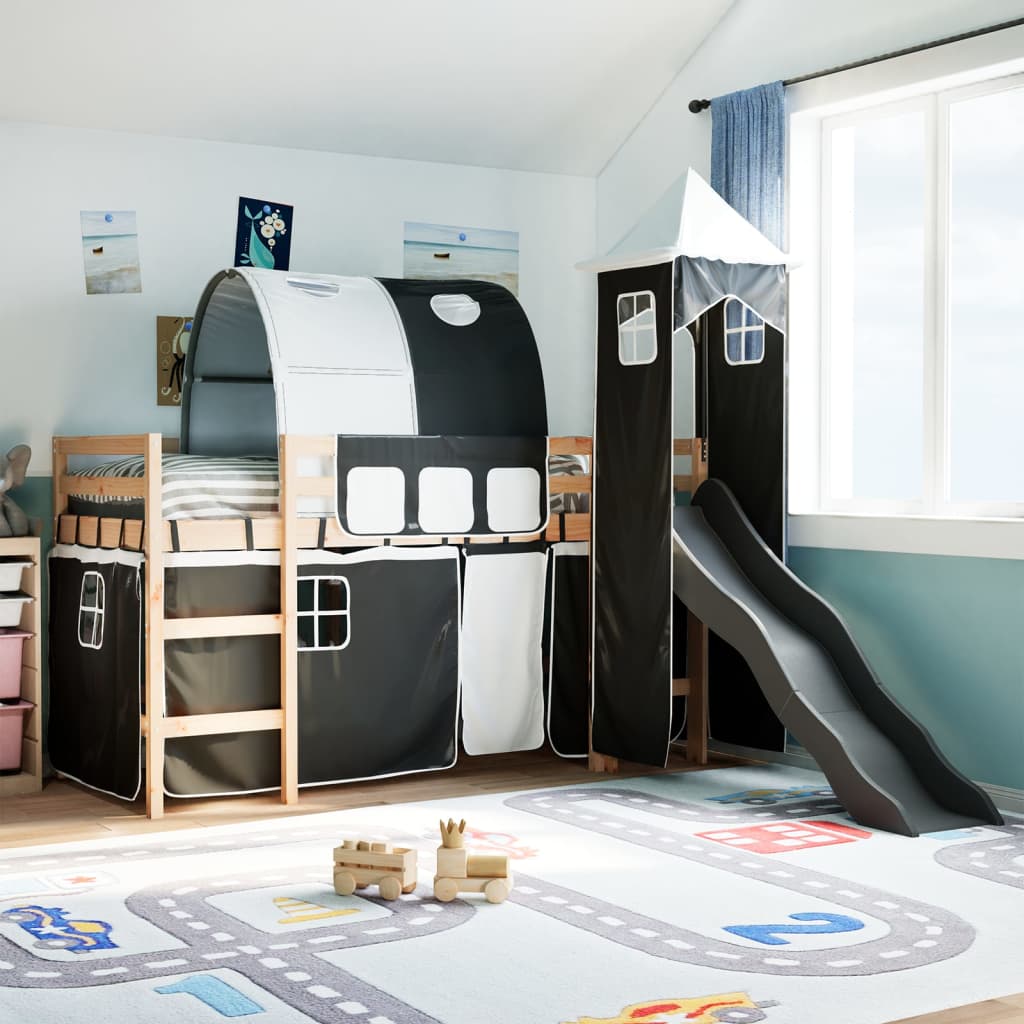 Kids' Loft Bed with Tower White&Black 90x200 cm Solid Wood Pine