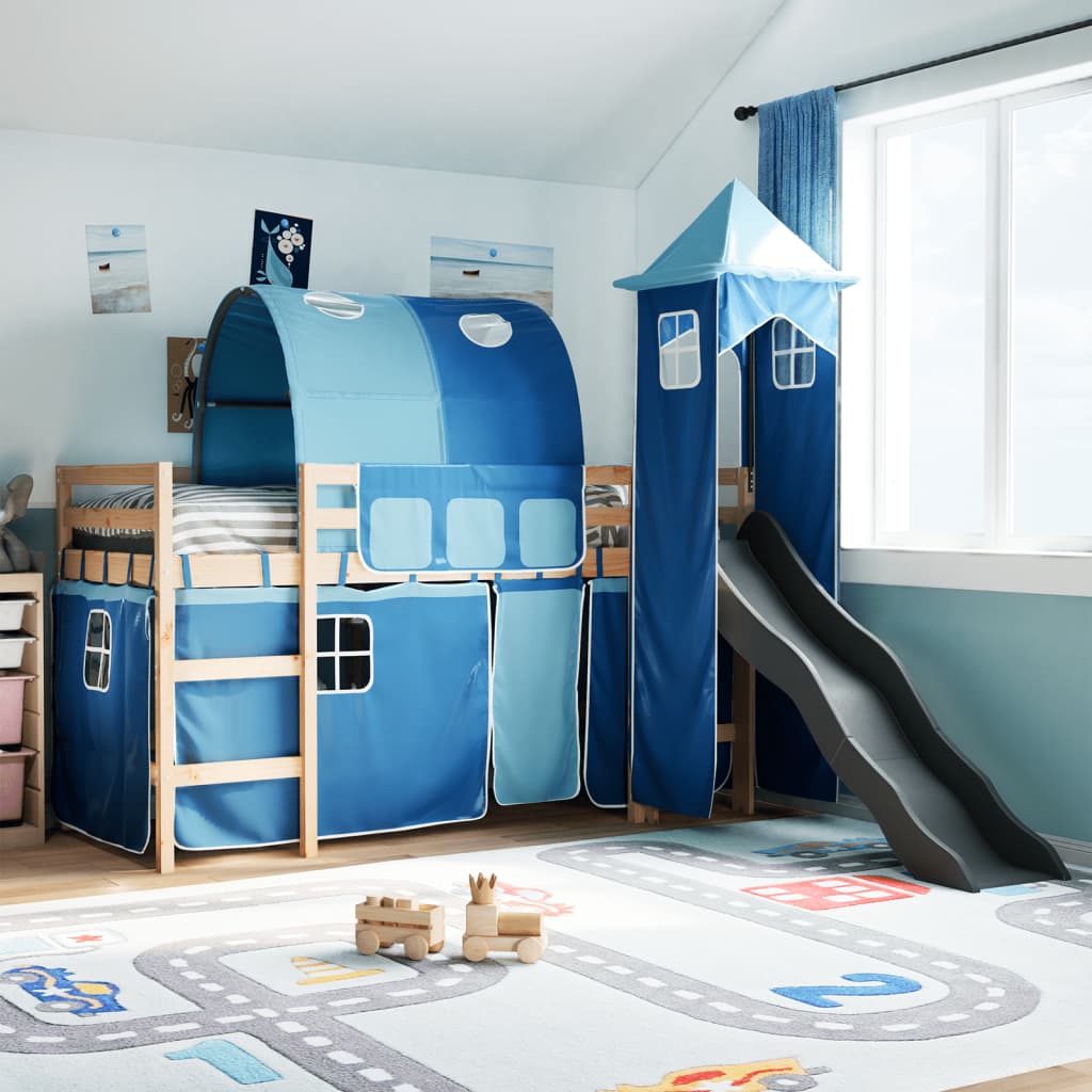 Kids' Loft Bed with Tower Blue 90x200 cm Solid Wood Pine