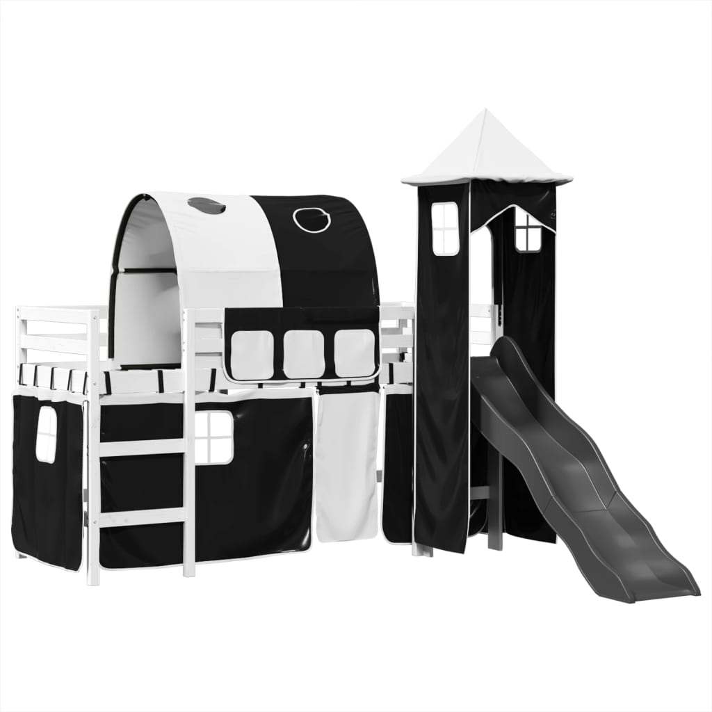 Kids' Loft Bed with Tower White&Black 90x190 cm Solid Wood Pine