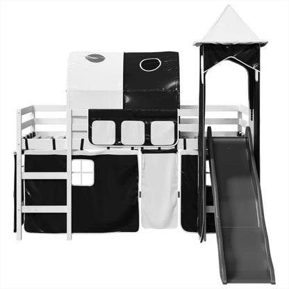 Kids' Loft Bed with Tower White&Black 90x190 cm Solid Wood Pine