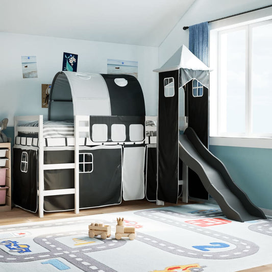 Kids' Loft Bed with Tower White&Black 90x190 cm Solid Wood Pine