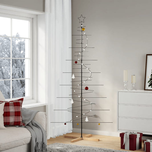 Metal Christmas Tree with Wooden Base Black 210 cm