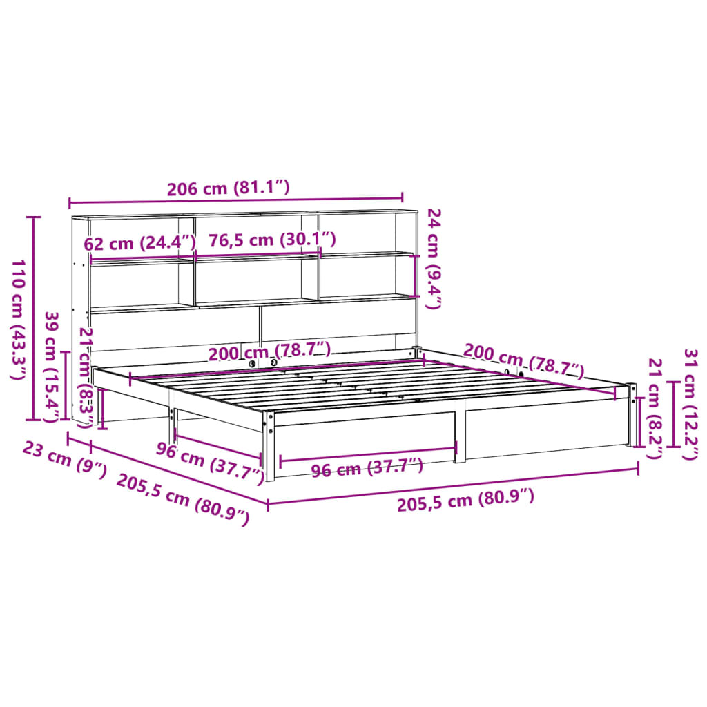 Bookcase Bed without Mattress 200x200cm Solid Wood Pine