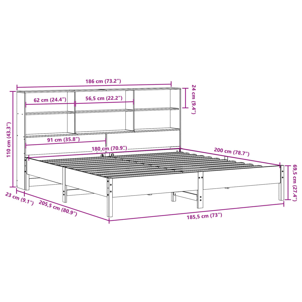 Bookcase Bed without Mattress White 180x200 cm Super King Solid Wood Pine