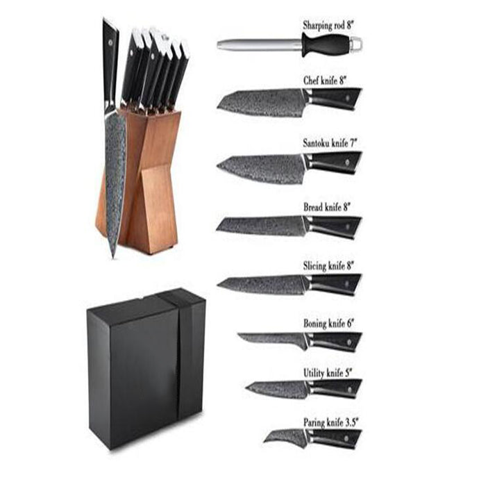 Japanese AUS10 steel 9pcs damascus knife set With knife holder - MiniDM Store