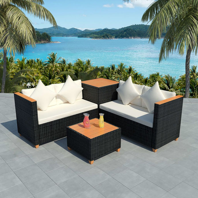 4 Piece Garden Lounge Set with Cushions Poly Rattan Black - MiniDM Store