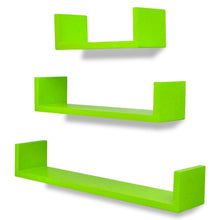 Load image into Gallery viewer, 3 Green MDF U-shaped Floating Wall Display Shelves Book/DVD Storage - MiniDM Store
