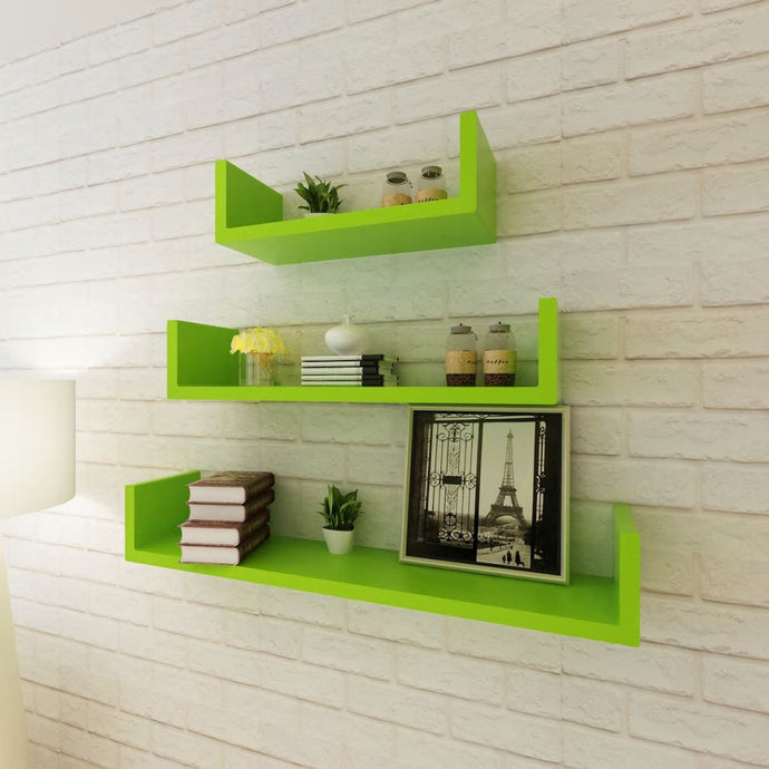 3 Green MDF U-shaped Floating Wall Display Shelves Book/DVD Storage - MiniDM Store