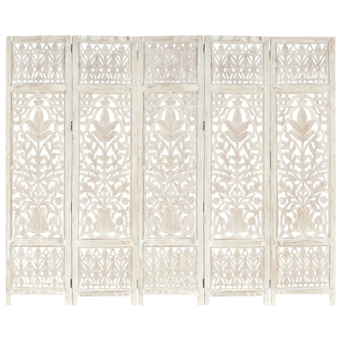 vidaXL Hand carved 5-Panel Room Divider White 200x165 cm Solid Mango Wood - MiniDM Store