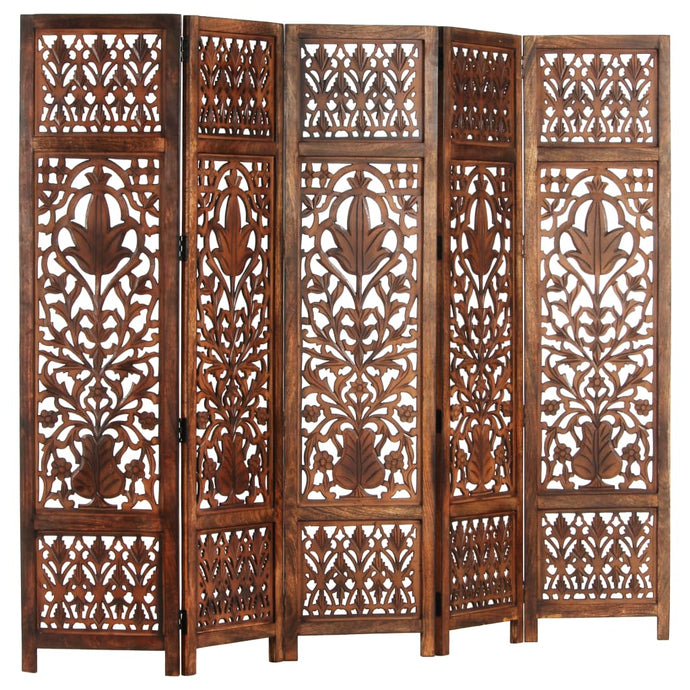 vidaXL Hand Carved 5-Panel Room Divider Brown 200x165 cm Solid Mango Wood - MiniDM Store