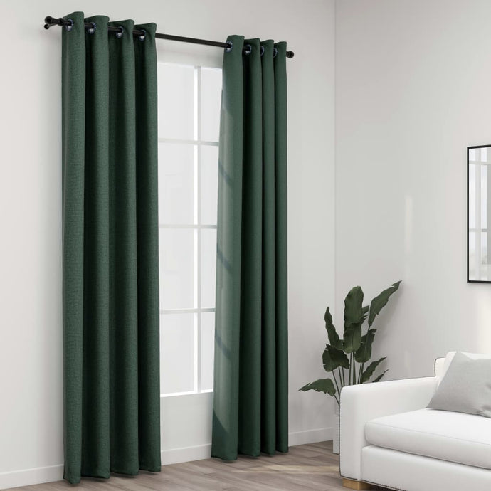 Linen-Look Blackout Curtains with Grommets 2pcs Green 140x225cm