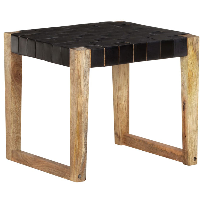 Stool Black Real Leather and Solid Mango Wood