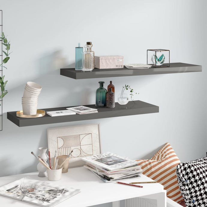 vidaXL Floating Wall Shelves 2 pcs High Gloss Grey 90x23.5x3.8 cm MDF - MiniDM Store