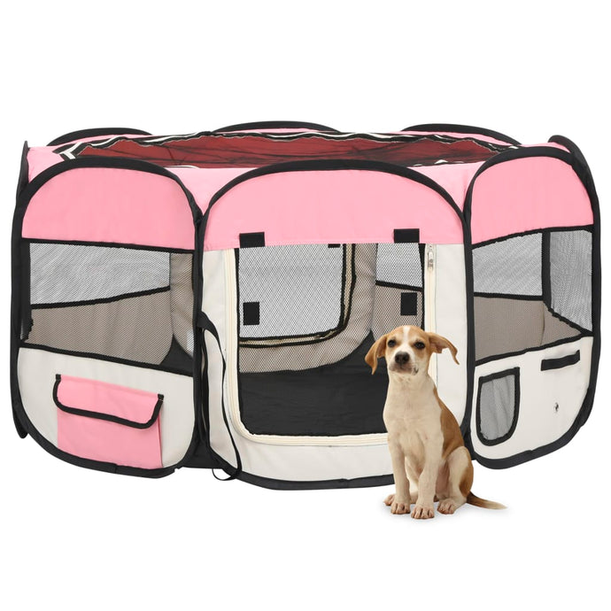 Foldable Dog Playpen with Carrying Bag Pink 125x125x61 cm - MiniDM Store