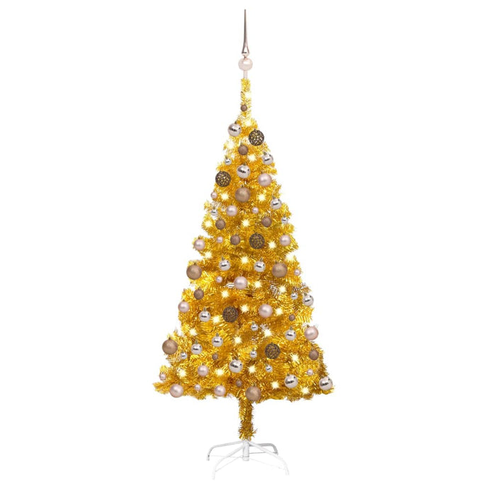 vidaXL Artificial Christmas Tree with LEDs&Ball Set Gold 150 cm PET - MiniDM Store