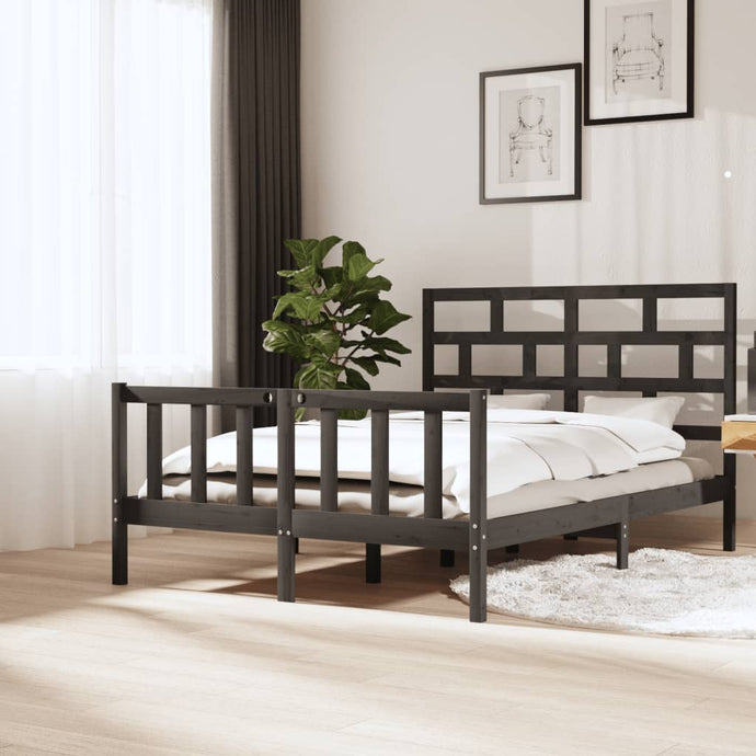 Bed Frame Grey Solid Wood Pine 160x200 cm 5FT King Size - MiniDM Store