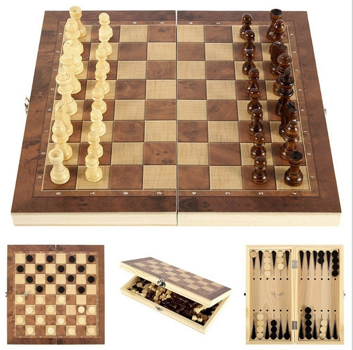 3 In 1 Portable Wooden Foldable Chess Board Set & Checkers & Backgammon Set With Chess Pieces And Carrying Case - MiniDreamMakers