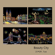 Load image into Gallery viewer, 21*29cm 4PC Architecture Night Scene Scratch Paintings Card European Building city Adults decompression Creative Drawing Toys - MiniDreamMakers

